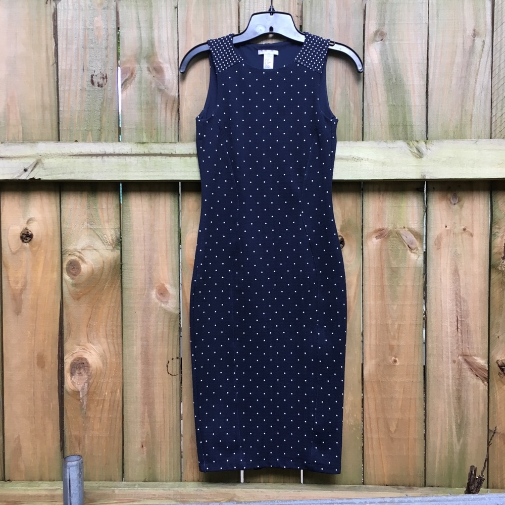 H&M Bodycon Midi Dress Size XS Navy with White Polka Dots Sleeveless